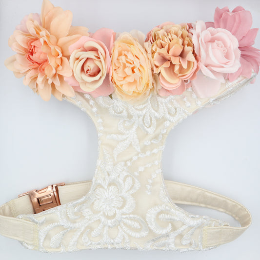 Wedding Dog Harness in Ivory Cream Satin with Lace Overlay and Pink & Coral Orange Flowers CHOICE of COLOURS Made to Measure