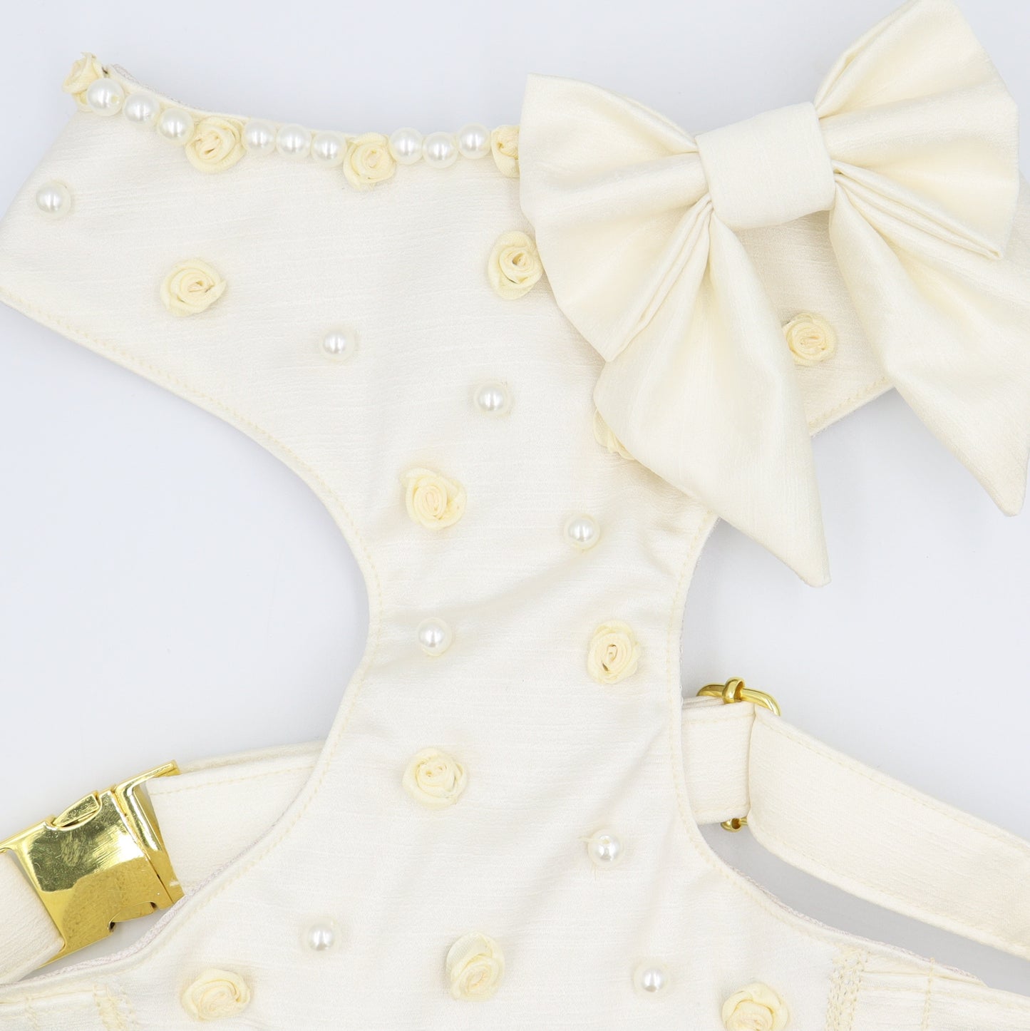 Wedding Dog Harness in Ivory Satin with Flowers Bow & Pearls CHOICE of COLOURS Made to Measure