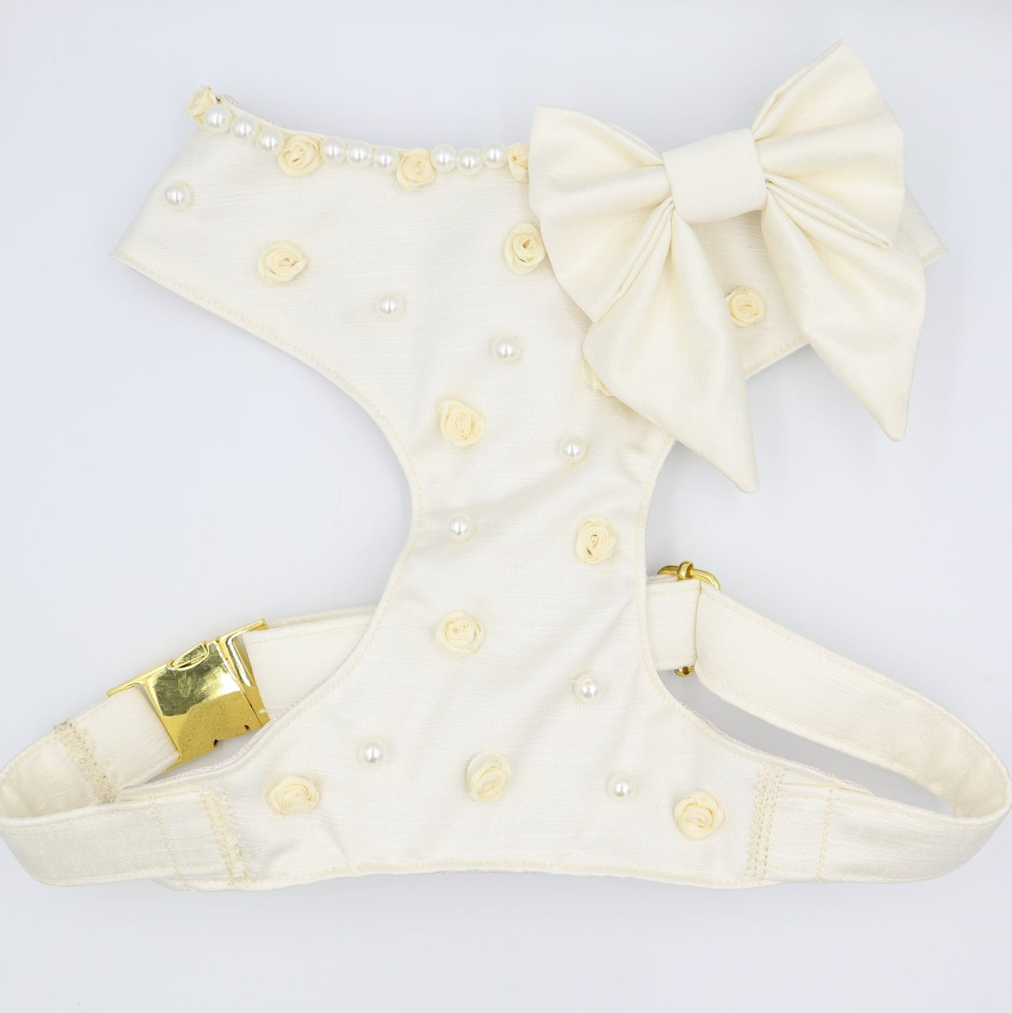 Wedding Dog Harness in Ivory Satin with Flowers Bow & Pearls CHOICE of COLOURS Made to Measure