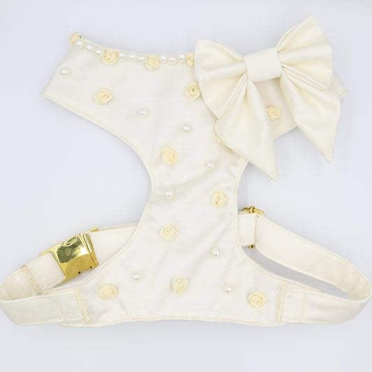 Wedding Dog Harness in Ivory Satin with Flowers Bow & Pearls CHOICE of COLOURS Made to Measure