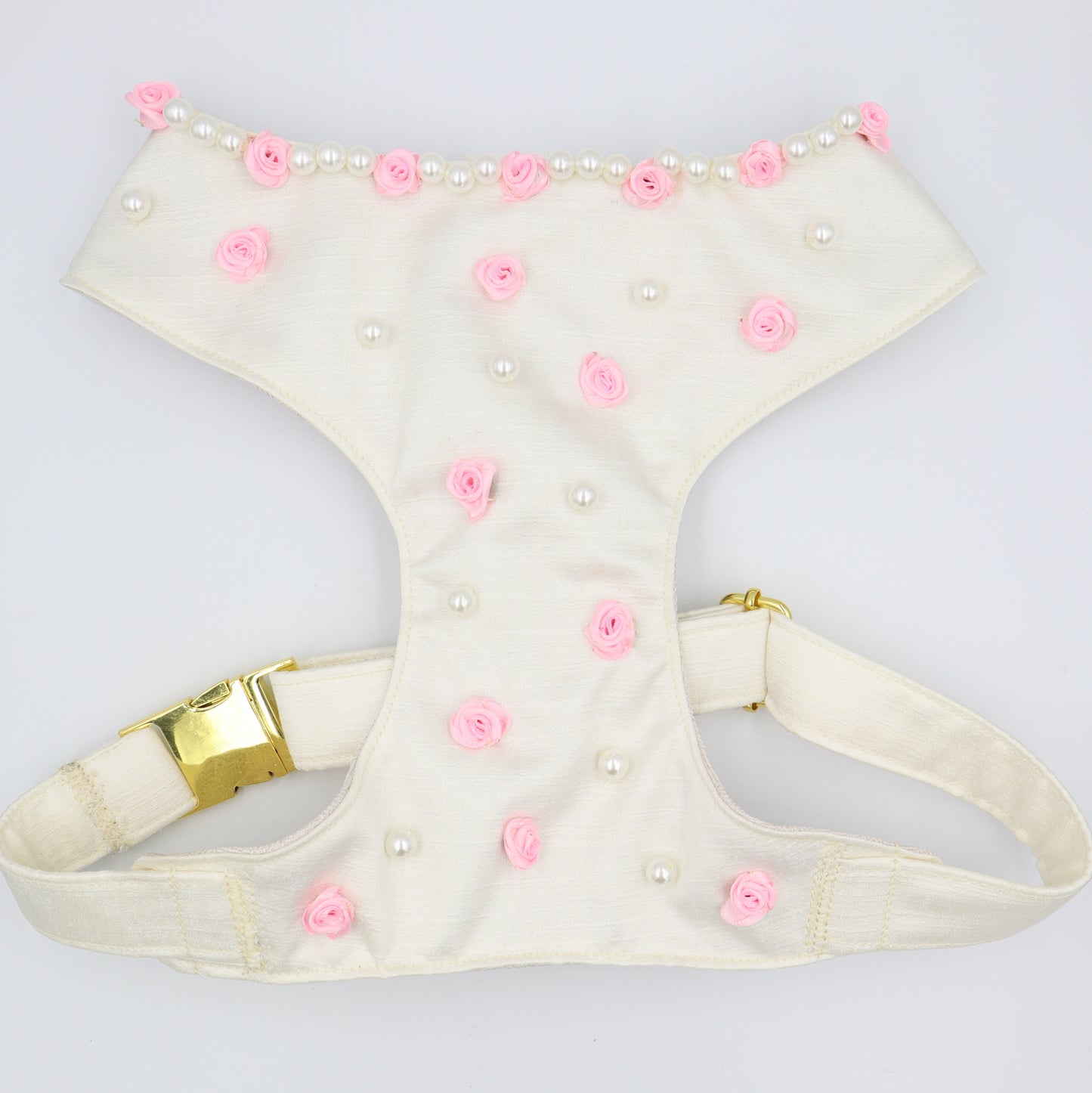 Wedding Dog Harness in Ivory Satin with Pink Flowers & Pearls CHOICE of COLOURS Made to Measure