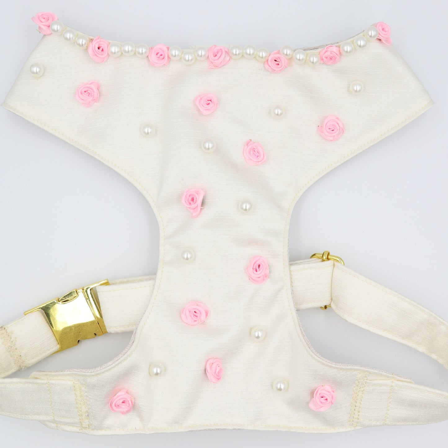 Wedding Dog Harness in Ivory Satin with Pink Flowers & Pearls CHOICE of COLOURS Made to Measure