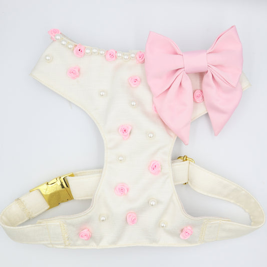 Wedding Dog Harness in Ivory Satin with Pink Flowers Bow & Pearls CHOICE of COLOURS Made to Measure