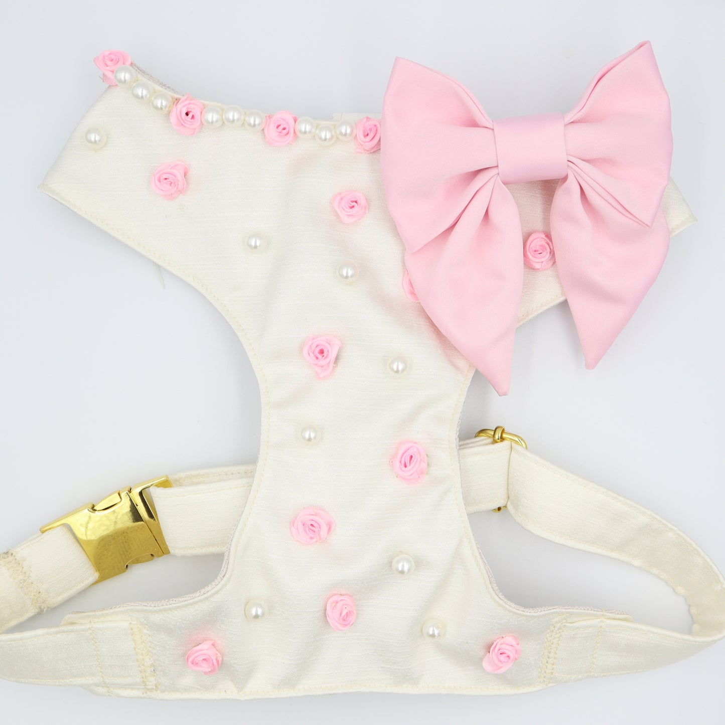 Wedding Dog Harness in Ivory Satin with Pink Flowers Bow & Pearls CHOICE of COLOURS Made to Measure