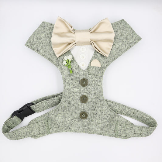 Tuxedo Wedding Dog Harness in Light Sage Herringbone Tweed Fabric with Pearl Satin Bow & White Flower CHOICE of COLOURS Made to Measure