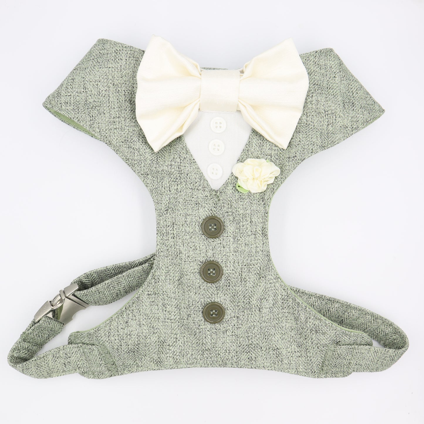 Tuxedo Wedding Dog Harness in Light Sage Green Tweed Fabric with Ivory Satin Bow CHOICE of COLOURS Made to Measure
