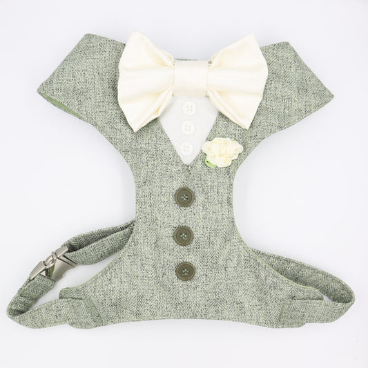Tuxedo Wedding Dog Harness in Light Sage Green Tweed Fabric with Ivory Satin Bow CHOICE of COLOURS Made to Measure