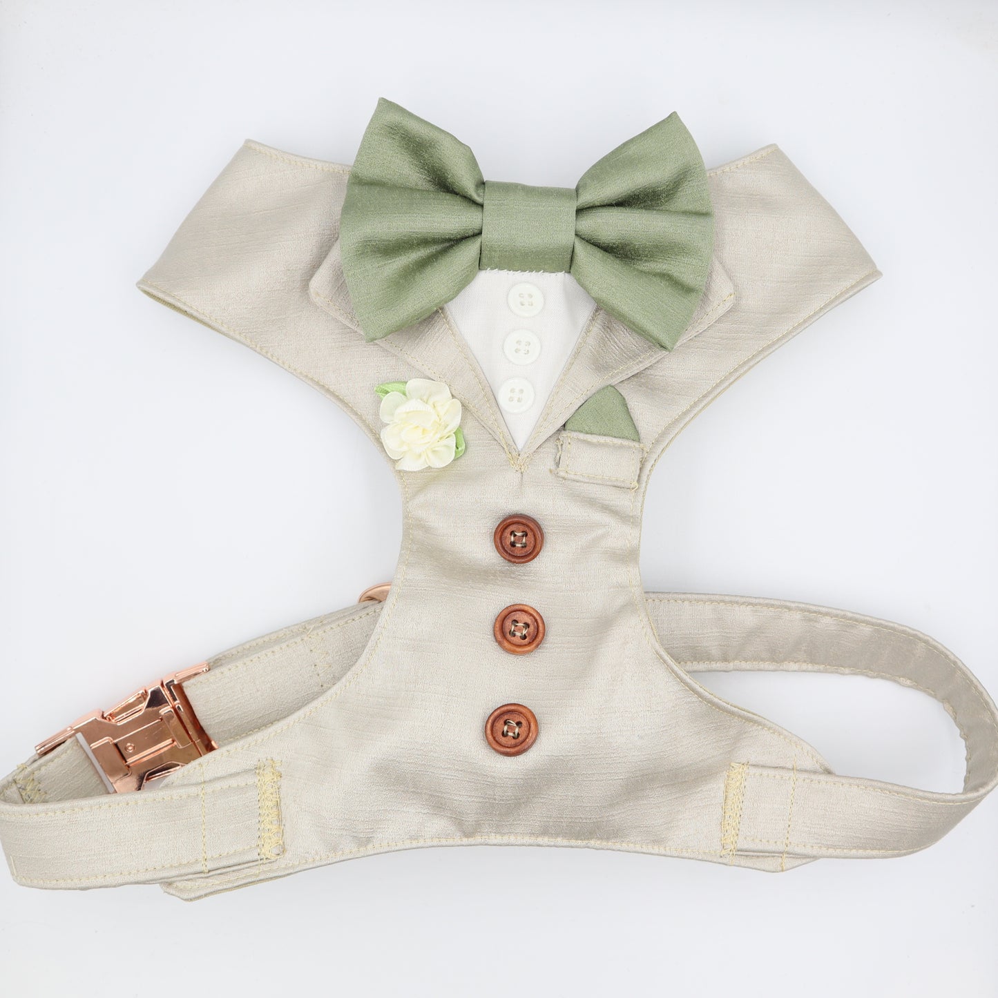 Tuxedo Wedding Dog Harness in Beige Satin Fabric with Sage Green Satin Bow & White Flower CHOICE of COLOURS Made to Measure