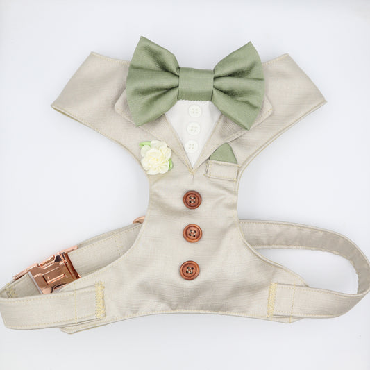 Tuxedo Wedding Dog Harness in Beige Satin Fabric with Sage Green Satin Bow & White Flower CHOICE of COLOURS Made to Measure