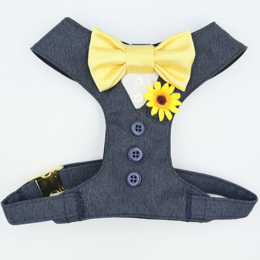 Tuxedo Wedding Dog Harness in Navy Soft Herringbone Tweed Fabric with Satin Bow Sunflower CHOICE of COLOURS Made to Measure