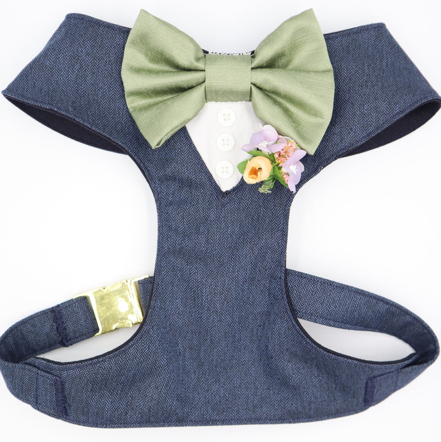 Tuxedo Wedding Dog Harness in Navy Soft Herringbone Tweed Fabric with Satin Bow CHOICE of COLOURS Made to Measure