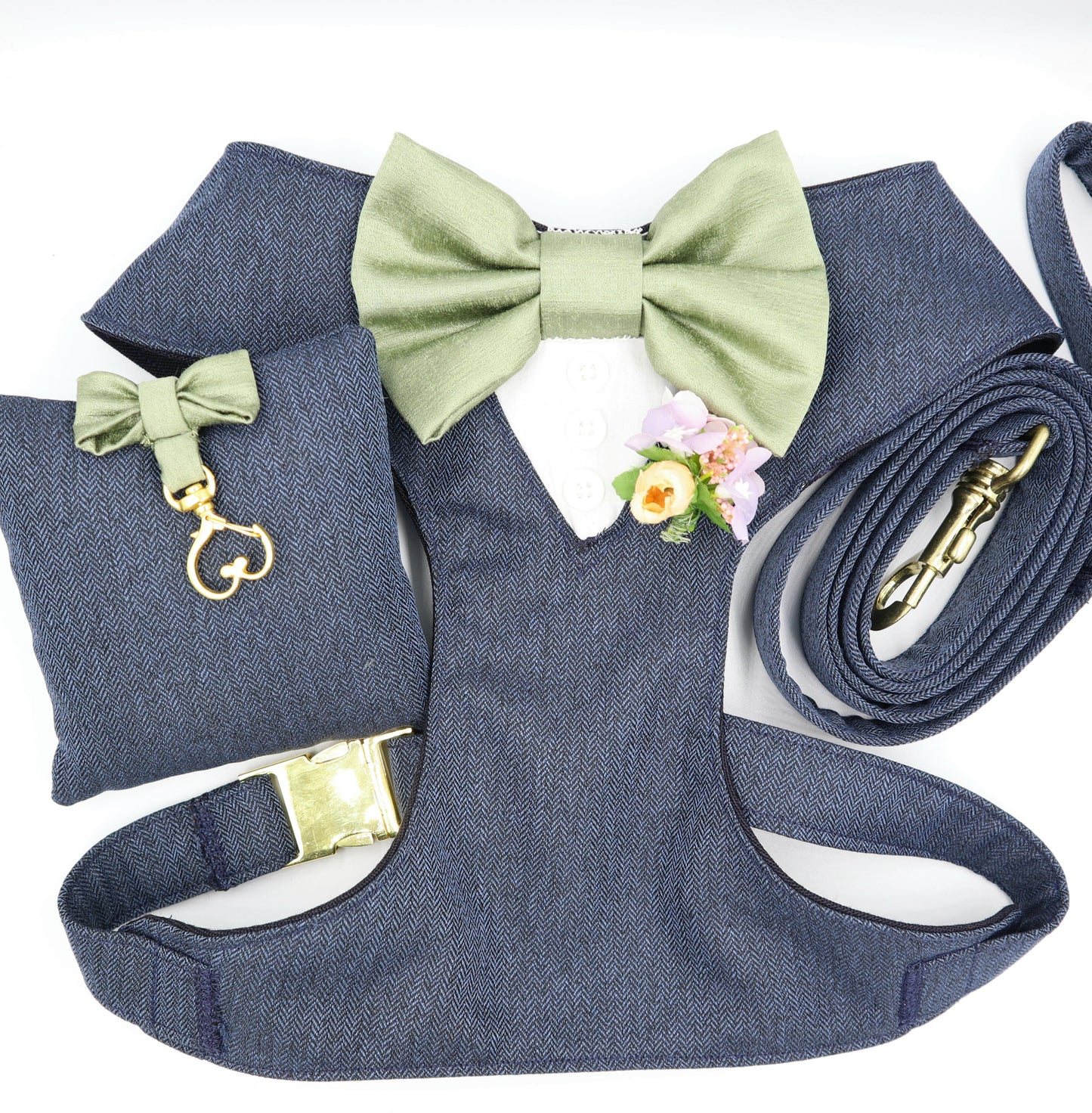 Tuxedo Wedding Dog Harness in Navy Soft Herringbone Tweed Fabric with Satin Bow CHOICE of COLOURS Made to Measure