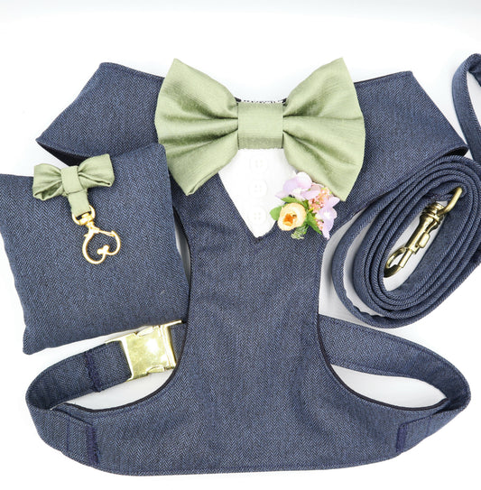 Tuxedo Wedding Dog Harness in Navy Soft Herringbone Tweed Fabric with Satin Bow CHOICE of COLOURS Made to Measure