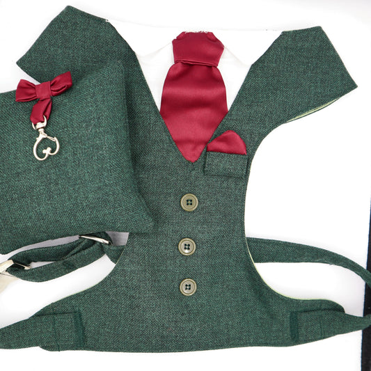 Tuxedo Wedding Dog Harness in Dark Green Tweed Fabric with Burgundy Satin Tie CHOICE of COLOURS Made to Measure