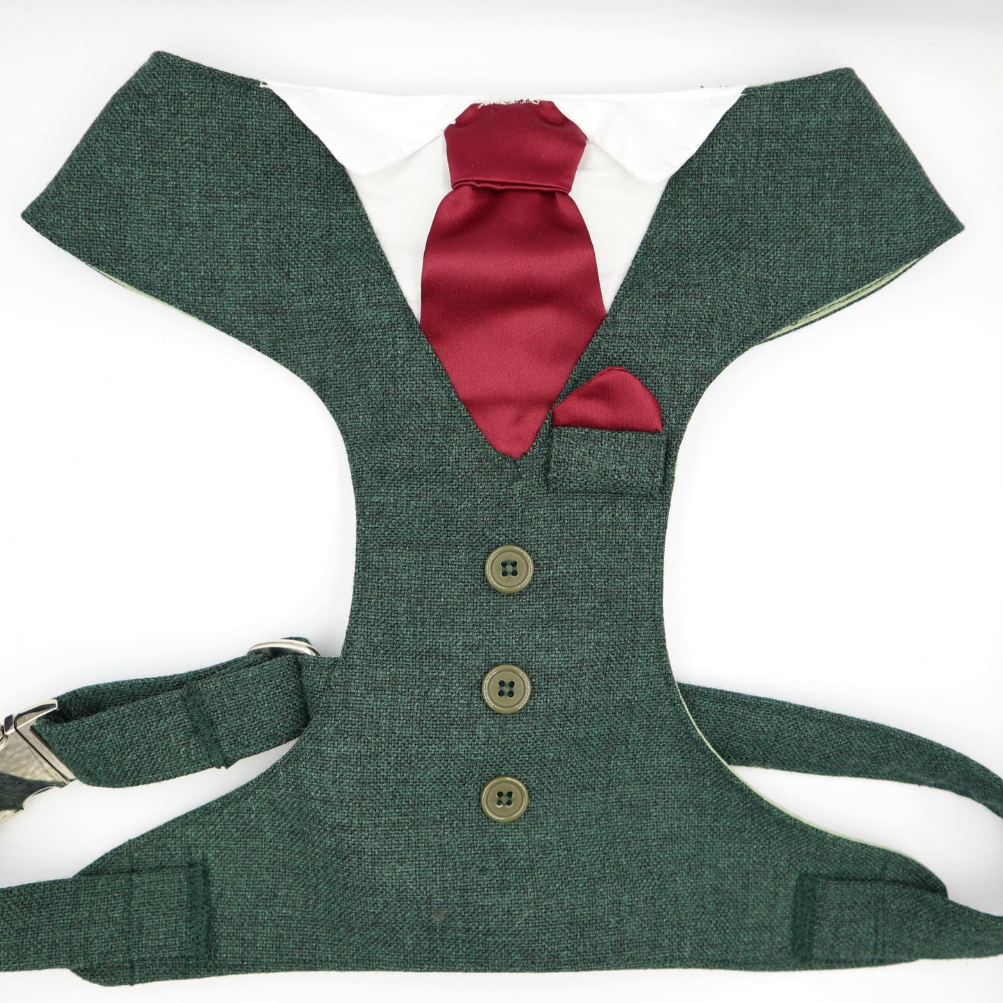 Tuxedo Wedding Dog Harness in Dark Green Tweed Fabric with Burgundy Satin Tie CHOICE of COLOURS Made to Measure