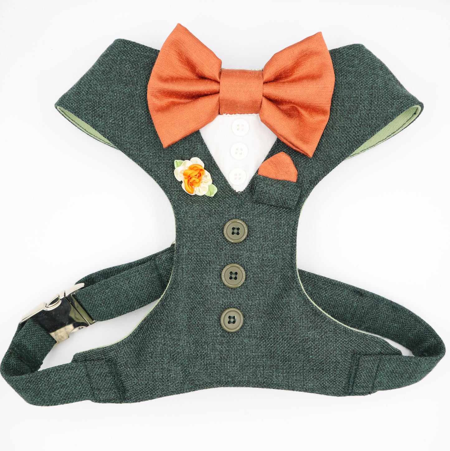 Tuxedo Wedding Dog Harness in Dark Green Tweed Fabric with Burnt Orange Satin Bow CHOICE of COLOURS Made to Measure