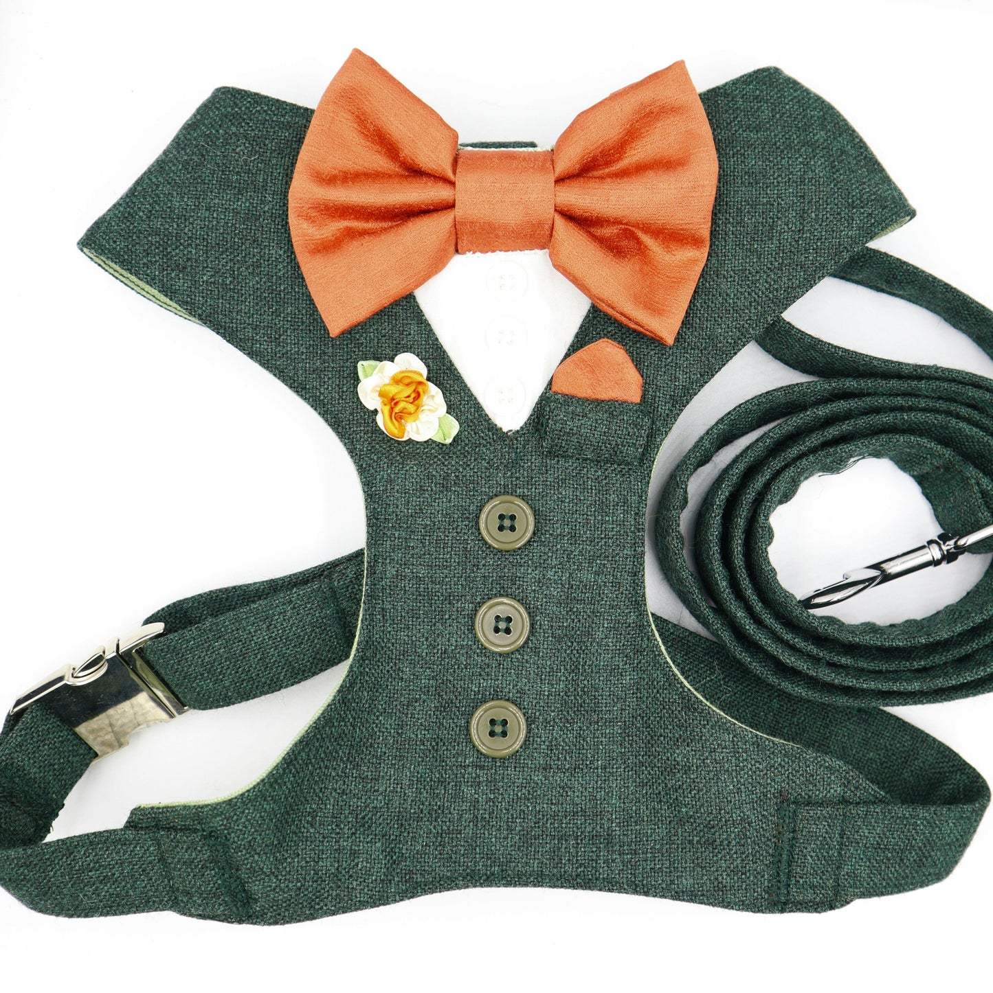 Tuxedo Wedding Dog Harness in Dark Green Tweed Fabric with Burnt Orange Satin Bow CHOICE of COLOURS Made to Measure