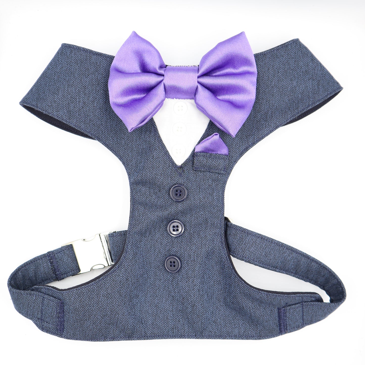 Tuxedo Wedding Dog Harness in Navy Blue Tweed Fabric with Lavender Satin Bow CHOICE of COLOURS Made to Measure