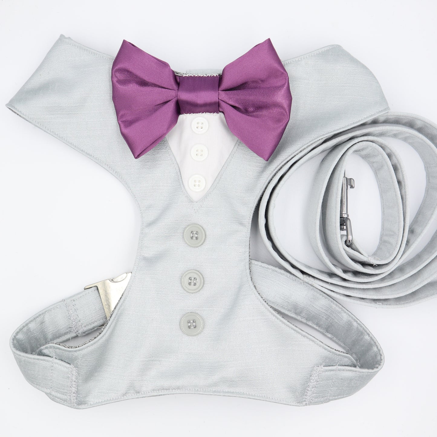 Tuxedo Wedding Dog Harness in Light Grey Satin with Grape Bow CHOICE of COLOURS Made to Measure