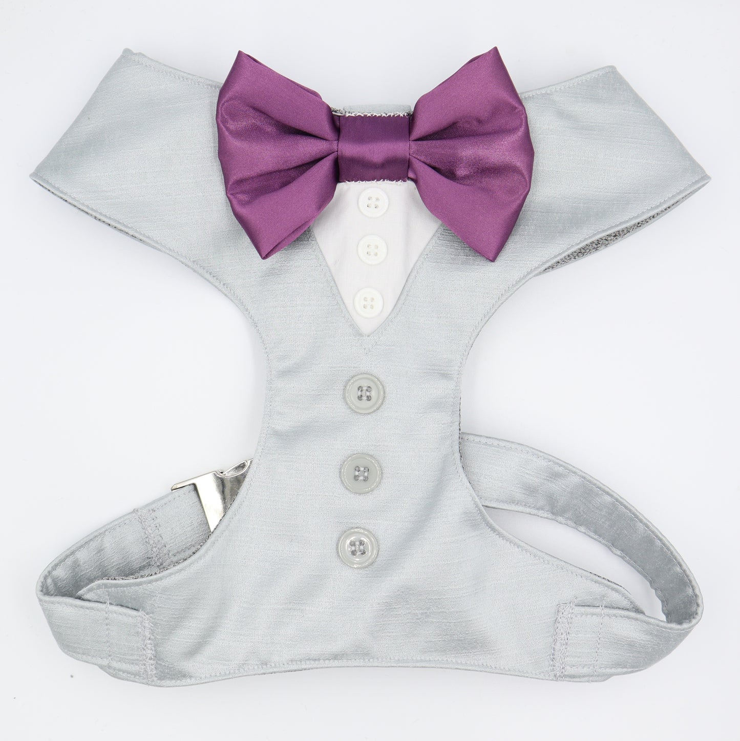 Tuxedo Wedding Dog Harness in Light Grey Satin with Grape Bow CHOICE of COLOURS Made to Measure