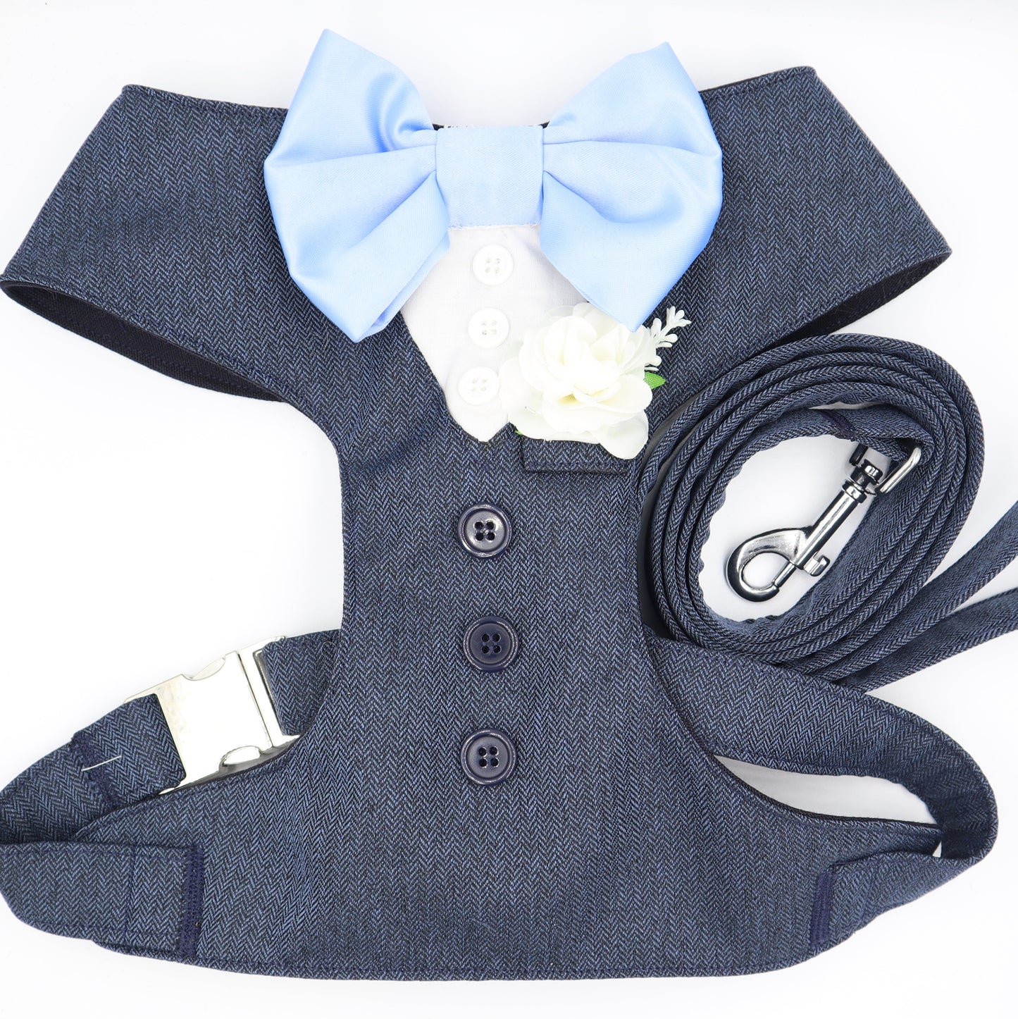 Tuxedo Wedding Dog Harness in Navy Soft Herringbone Tweed Style Fabric with Light Blue Satin Bow CHOICE of COLOURS Made to Measure