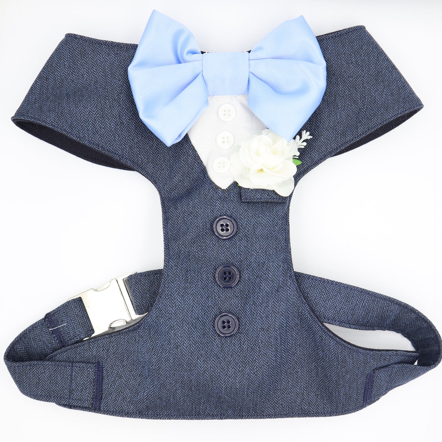 Tuxedo Wedding Dog Harness in Navy Soft Herringbone Tweed Style Fabric with Light Blue Satin Bow CHOICE of COLOURS Made to Measure