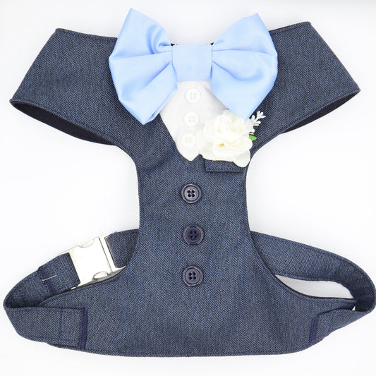 Tuxedo Wedding Dog Harness in Navy Soft Herringbone Tweed Style Fabric with Light Blue Satin Bow CHOICE of COLOURS Made to Measure