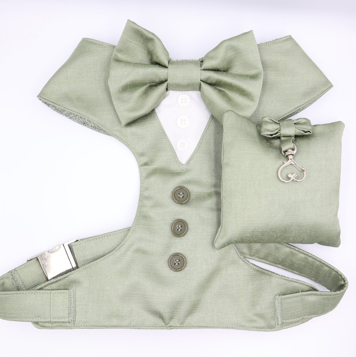Tuxedo Wedding Dog Harness in Sage Green Satin with Bow CHOICE of COLOURS Made to Measure