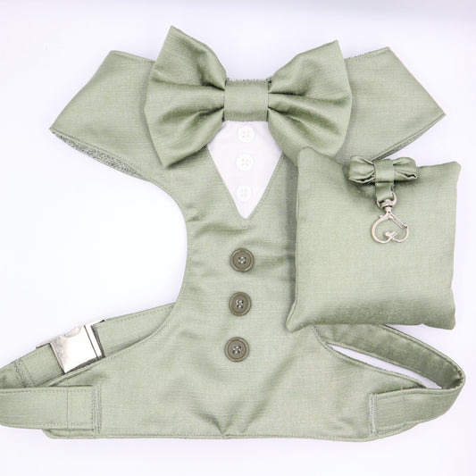 Tuxedo Wedding Dog Harness in Sage Green Satin with Bow CHOICE of COLOURS Made to Measure