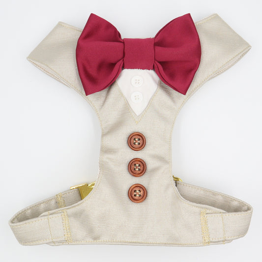 Tuxedo Wedding Dog Harness in Beige Natural Satin with Wine Bow CHOICE of COLOURS Made to Measure