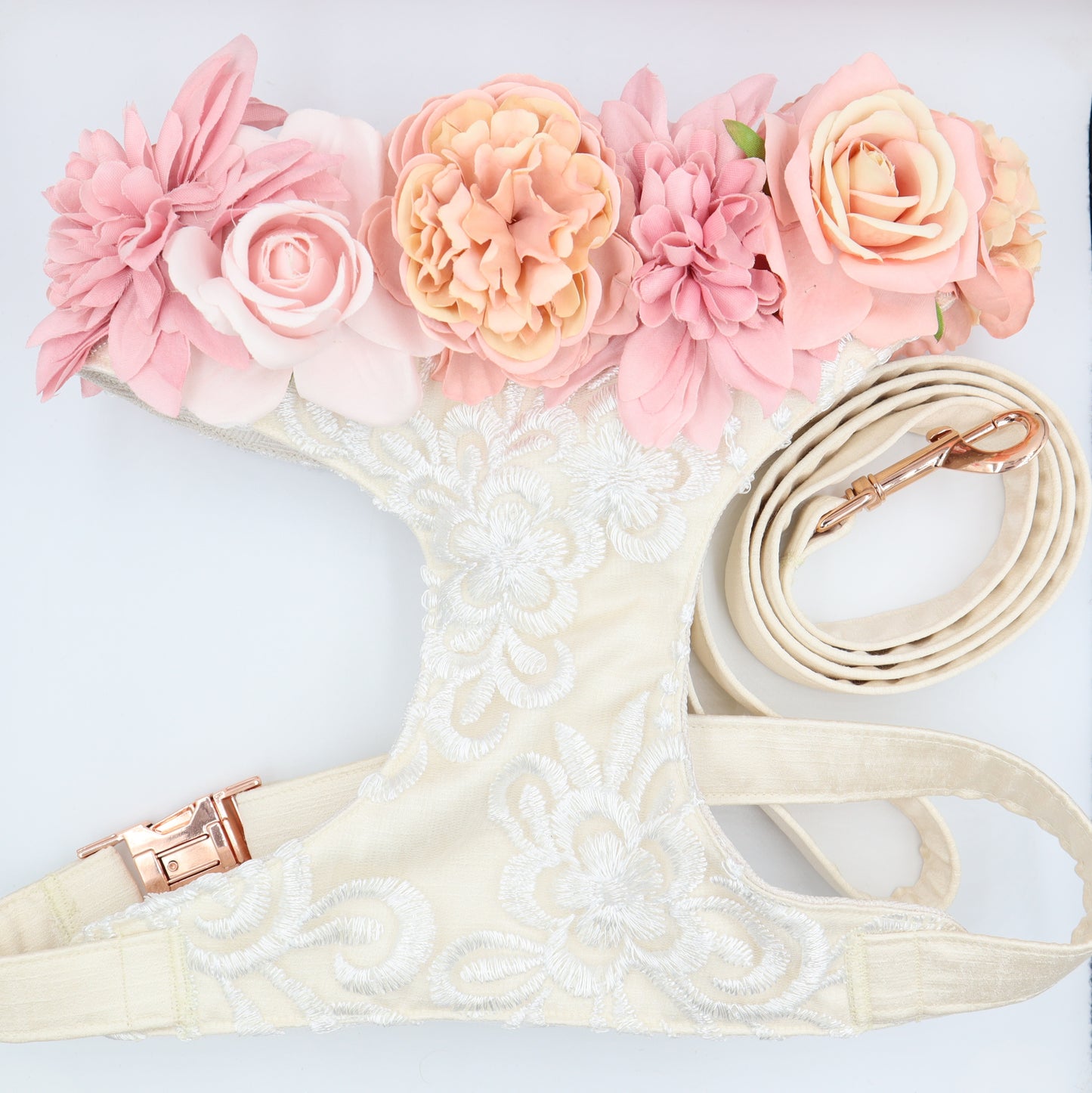 Wedding Dog Harness in Ivory Cream Satin with Lace Overlay and Pink Flowers CHOICE of COLOURS Made to Measure