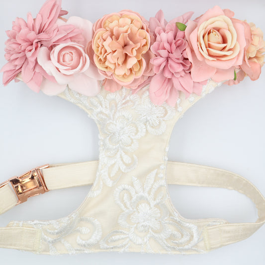 Wedding Dog Harness in Ivory Cream Satin with Lace Overlay and Pink Flowers CHOICE of COLOURS Made to Measure
