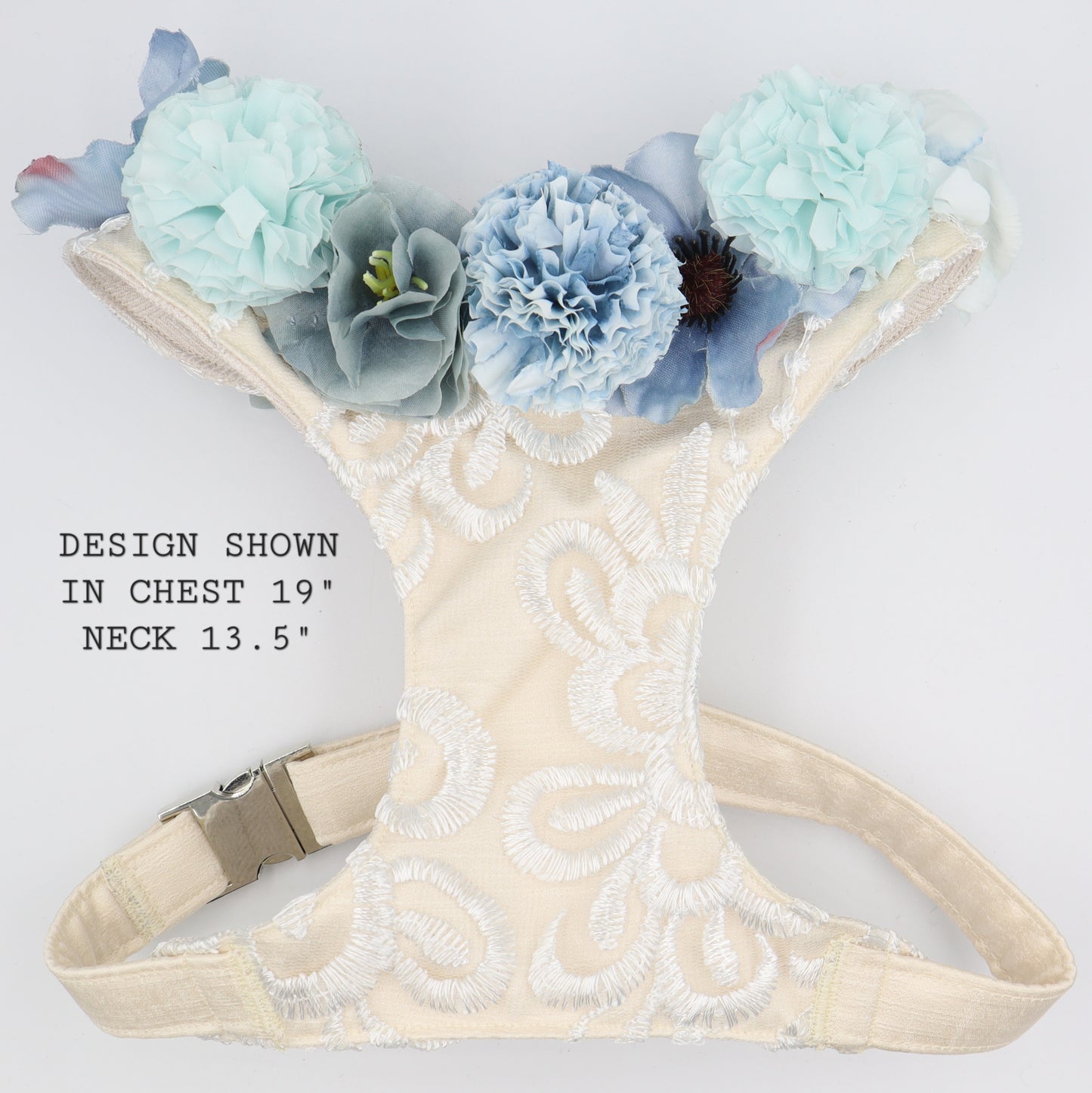 Wedding Dog Harness in Ivory Cream Satin with Lace Overlay and Light Blue & Dusty Blue Flowers CHOICE of COLOURS Made to Measure