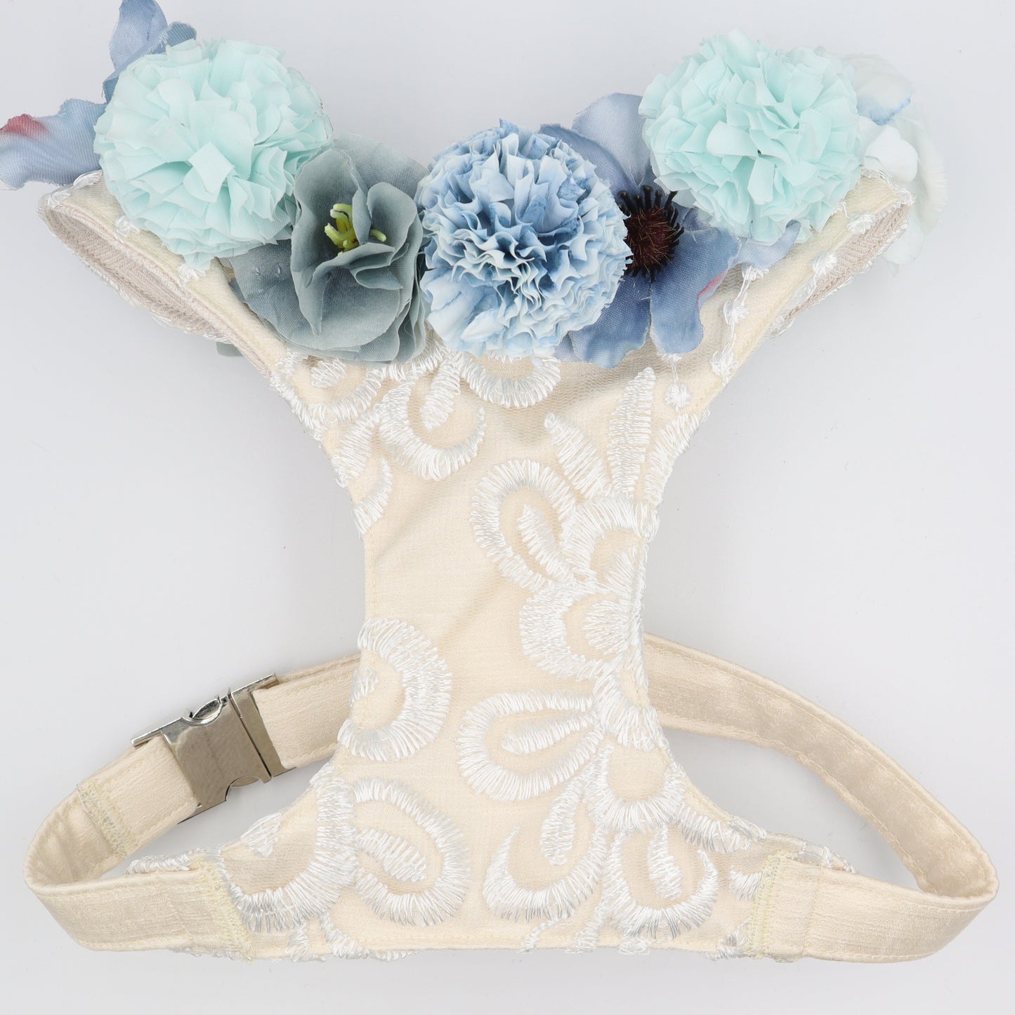 Wedding Dog Harness in Ivory Cream Satin with Lace Overlay and Light Blue & Dusty Blue Flowers CHOICE of COLOURS Made to Measure