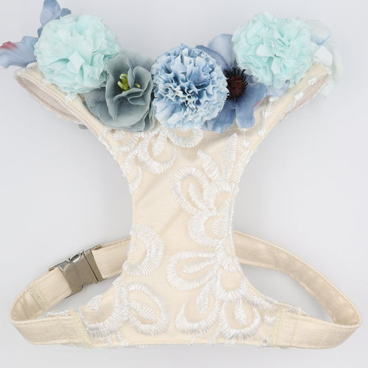 Wedding Dog Harness in Ivory Cream Satin with Lace Overlay and Light Blue & Dusty Blue Flowers CHOICE of COLOURS Made to Measure