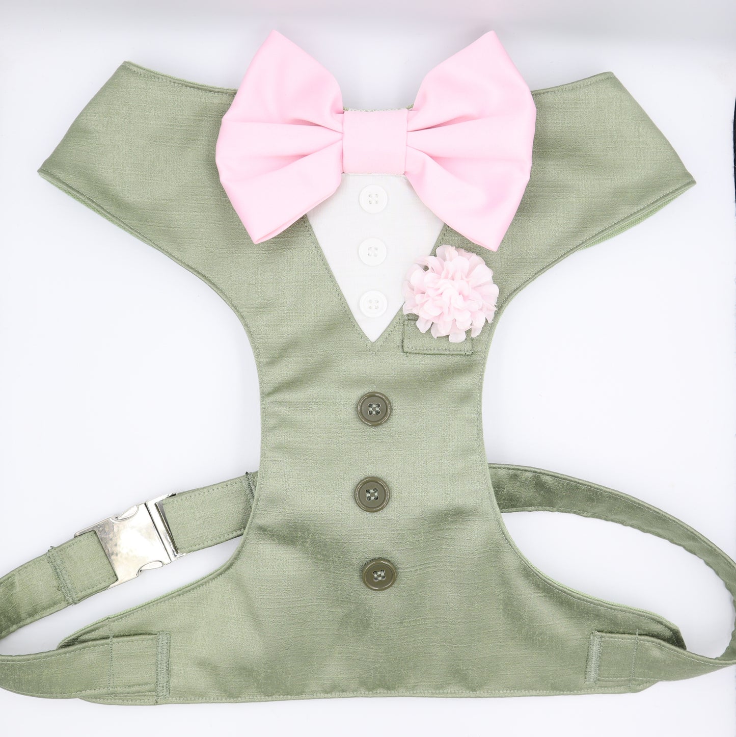 Tuxedo Wedding Dog Harness in Sage Green Satin with Light Pink Bow & Pink Flower CHOICE of COLOURS Made to Measure