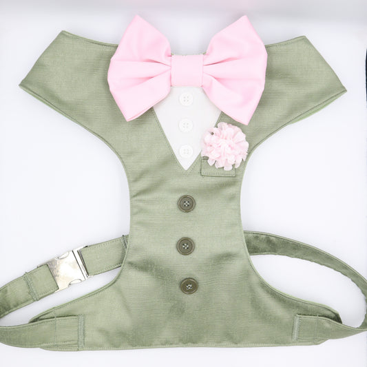 Tuxedo Wedding Dog Harness in Sage Green Satin with Light Pink Bow & Pink Flower CHOICE of COLOURS Made to Measure