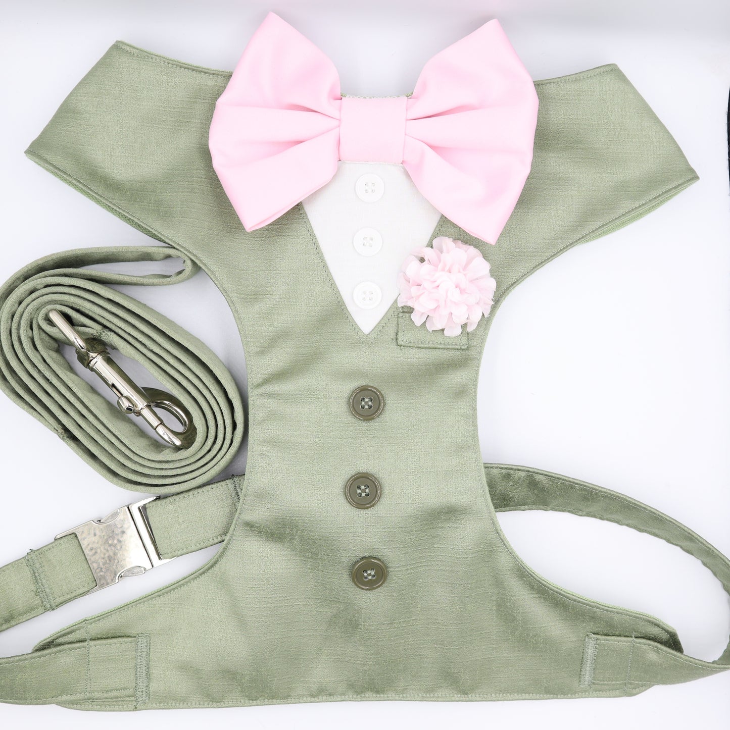 Tuxedo Wedding Dog Harness in Sage Green Satin with Light Pink Bow & Pink Flower CHOICE of COLOURS Made to Measure