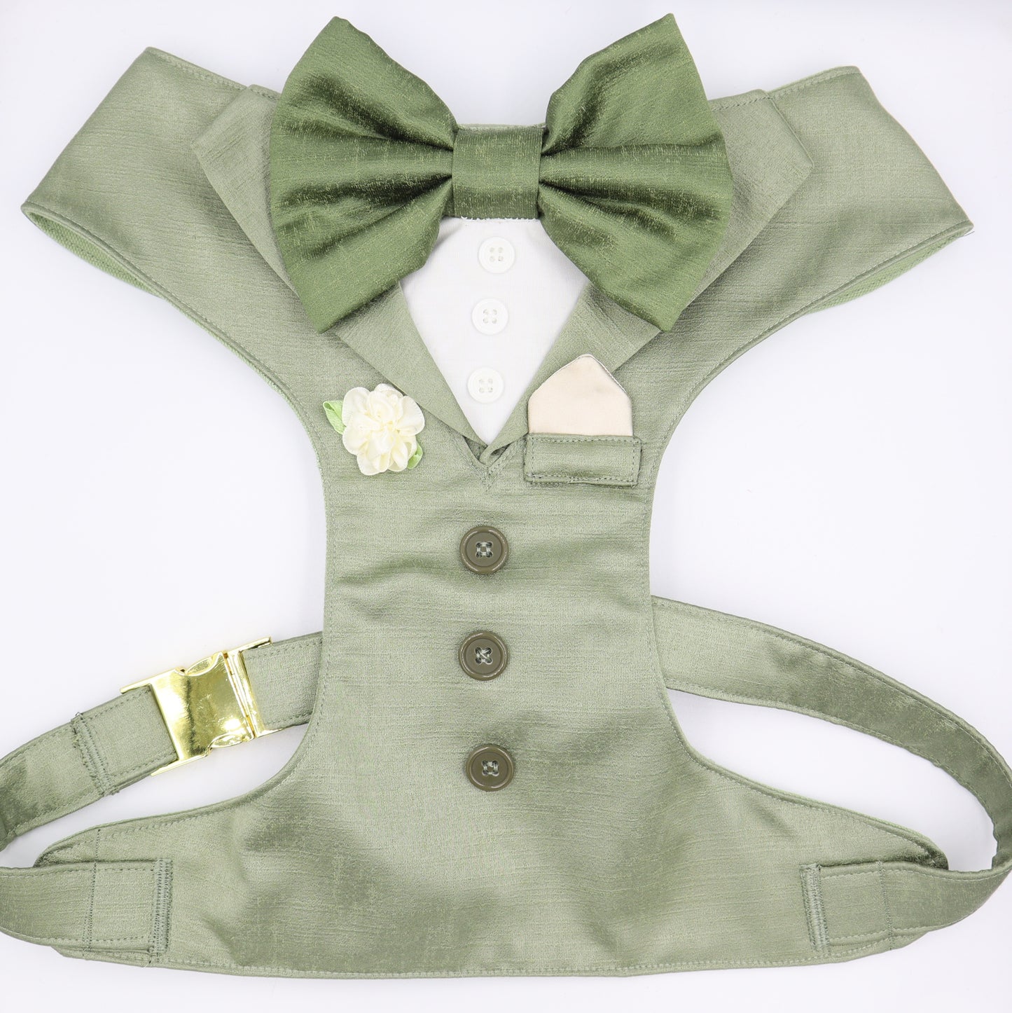 Tuxedo Wedding Dog Harness in Sage Satin Fabric with Sage Green Satin Bow & Ivory Flower CHOICE of COLOURS Made to Measure