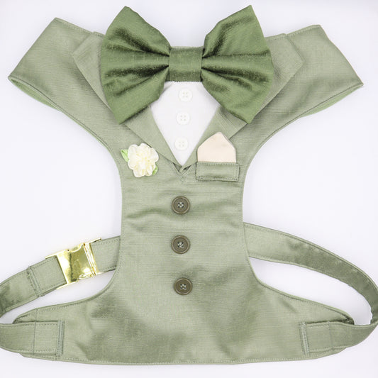 Tuxedo Wedding Dog Harness in Sage Satin Fabric with Sage Green Satin Bow & Ivory Flower CHOICE of COLOURS Made to Measure
