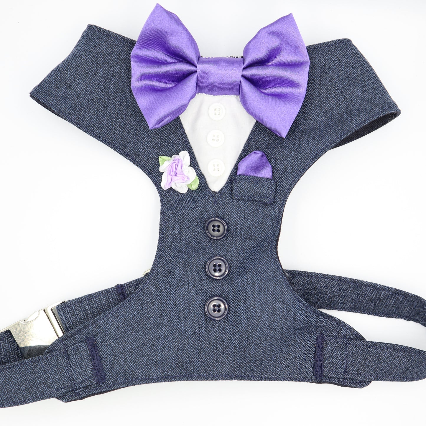 Tuxedo Wedding Dog Harness in Navy Blue Herringbone Tweed Fabric with Lavender Bow & Flower CHOICE of COLOURS Made to Measure