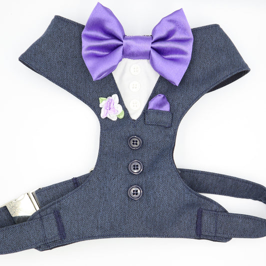 Tuxedo Wedding Dog Harness in Navy Blue Herringbone Tweed Fabric with Lavender Bow & Flower CHOICE of COLOURS Made to Measure