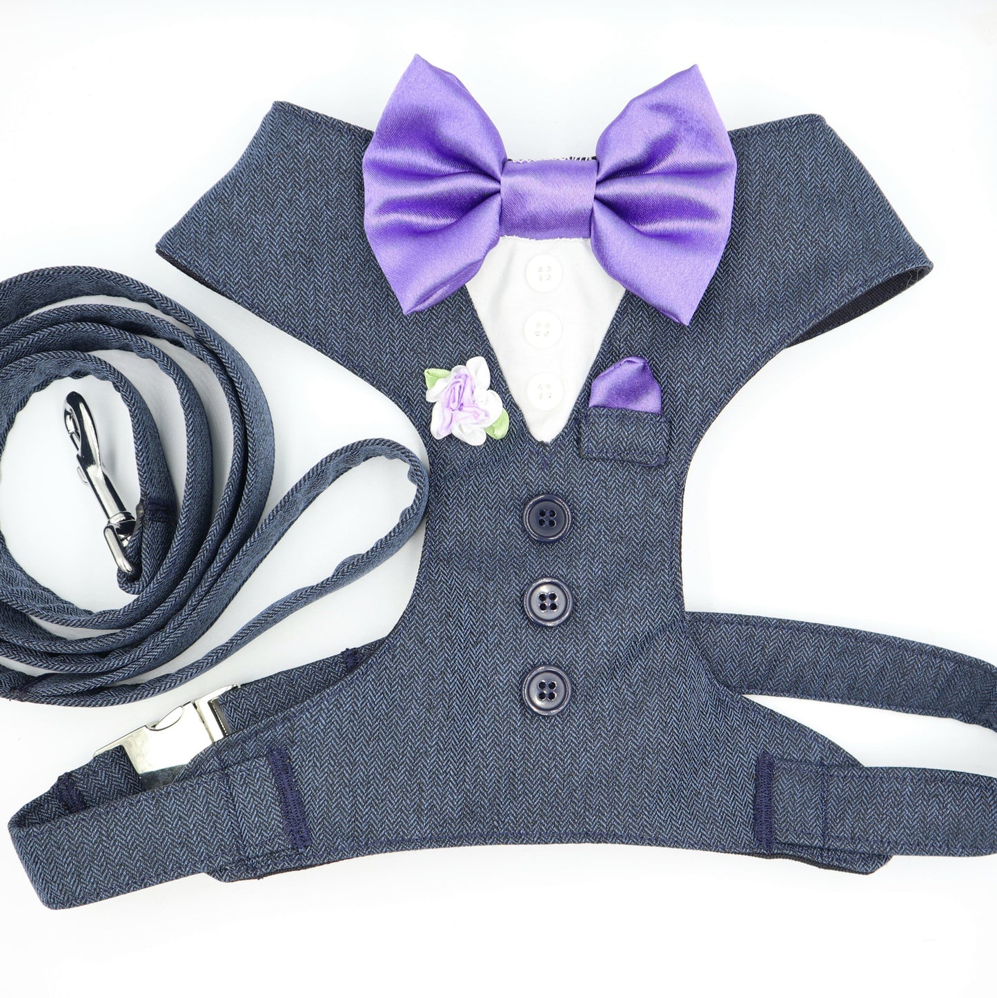 Tuxedo Wedding Dog Harness in Navy Blue Herringbone Tweed Fabric with Lavender Bow & Flower CHOICE of COLOURS Made to Measure
