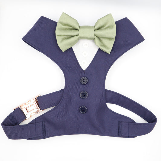 Tuxedo Wedding Dog Harness in Navy Blue with Sage Bow CHOICE of COLOURS Made to Measure