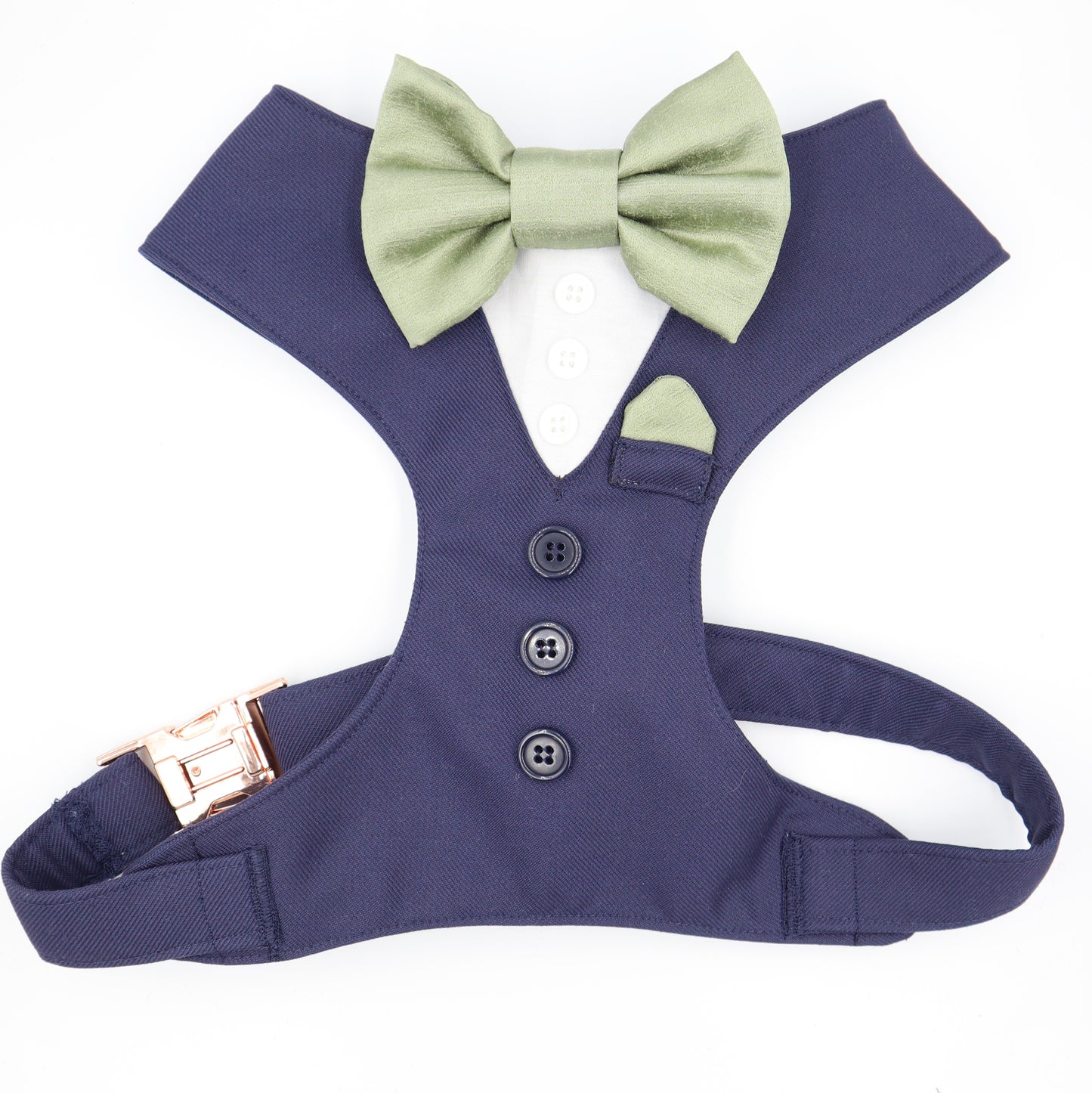Tuxedo Wedding Dog Harness in Navy Blue Fabric with Sage Satin Bow CHOICE of COLOURS Made to Measure