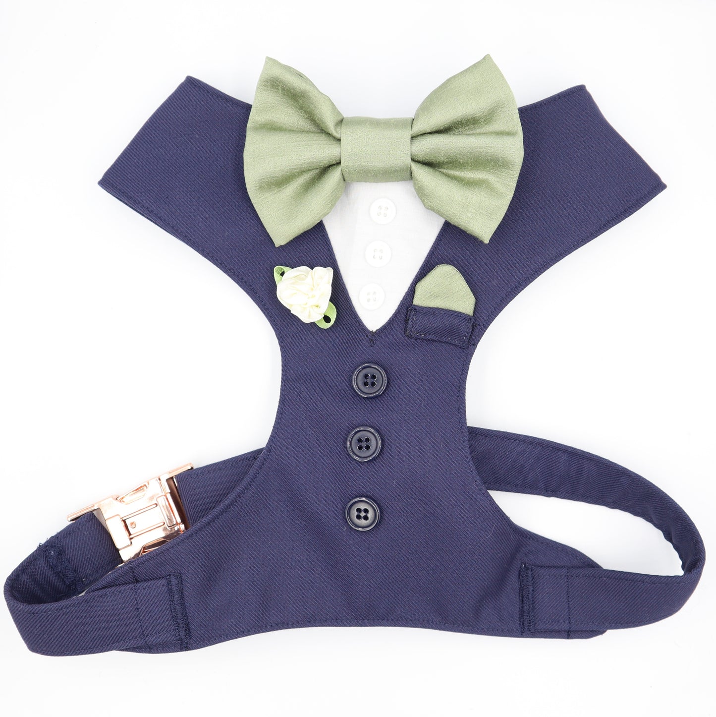 Tuxedo Wedding Dog Harness in Navy Blue Suit Fabric with Sage Bow & Flower CHOICE of COLOURS Made to Measure