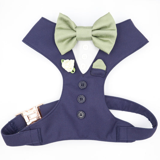 Tuxedo Wedding Dog Harness in Navy Blue Suit Fabric with Sage Bow & Flower CHOICE of COLOURS Made to Measure