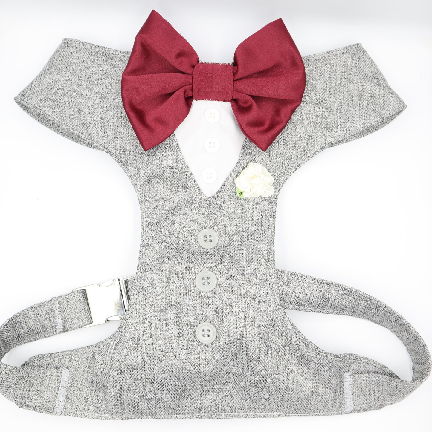 Tuxedo Wedding Dog Harness in Light Grey Herringbone Tweed Style Fabric with Burgundy Bow CHOICE of COLOURS Made to Measure