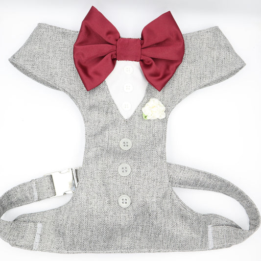 Tuxedo Wedding Dog Harness in Light Grey Herringbone Tweed Style Fabric with Burgundy Bow CHOICE of COLOURS Made to Measure