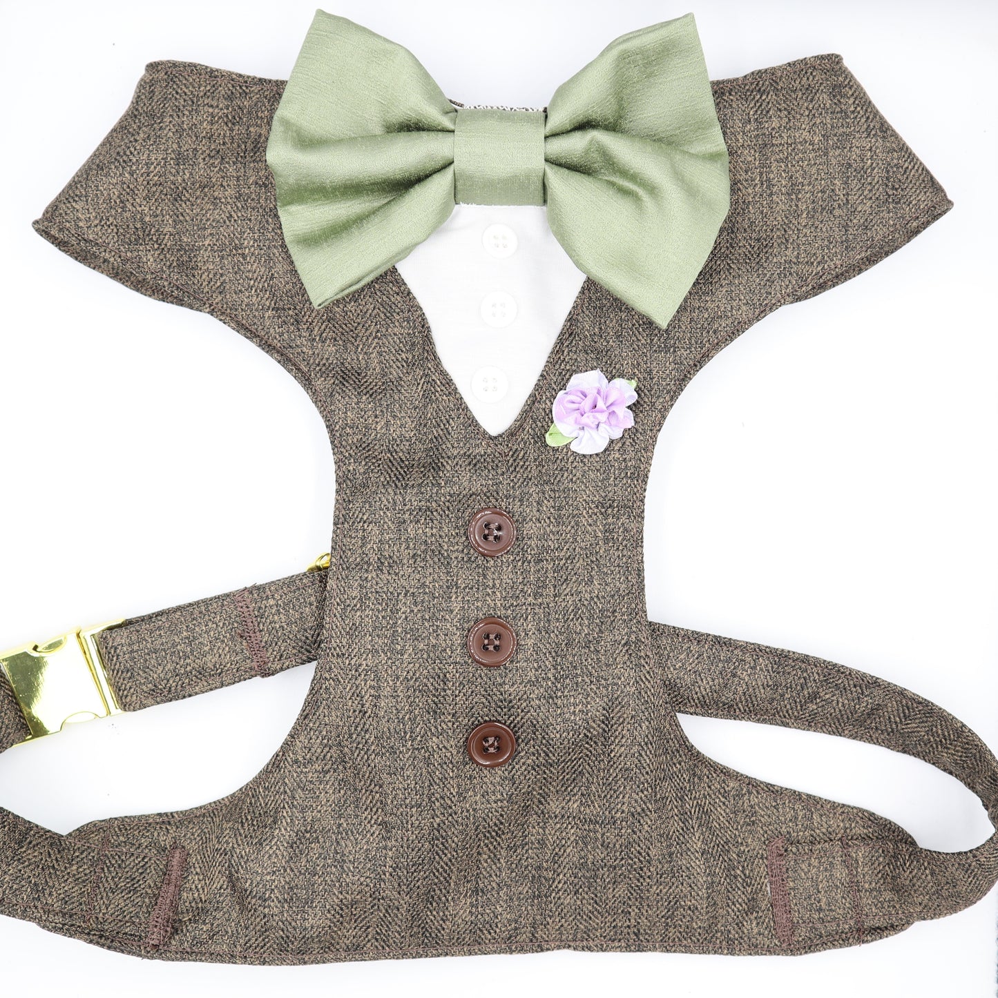 Tuxedo Wedding Dog Harness in Light Chocolate Brown Herringbone Tweed Style Fabric with Sage Bow CHOICE of COLOURS Made to Measure